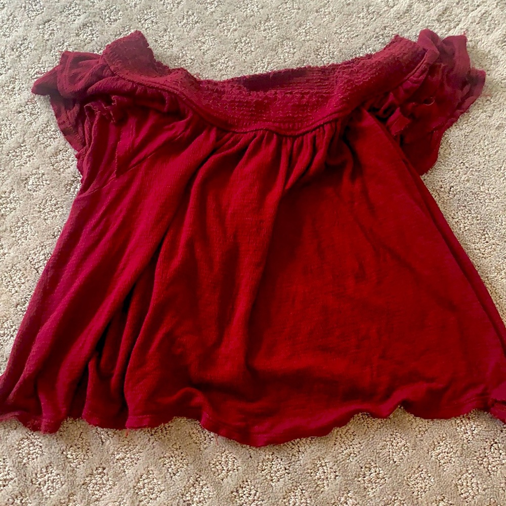 off the shoulder red flows shirt